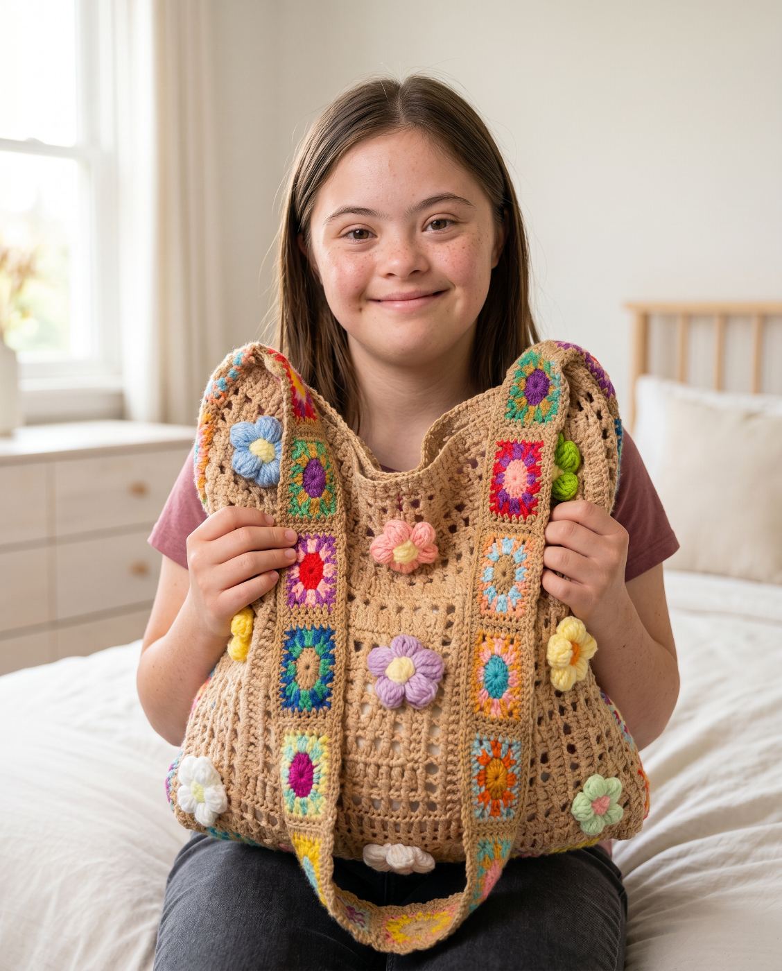 Honey crochet flower tote bag with hand-sewn puff flowers