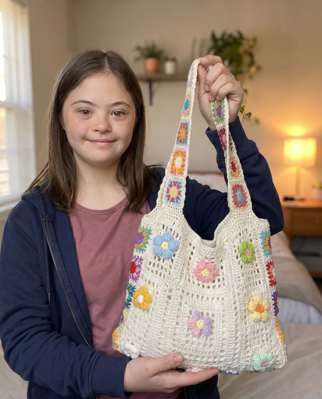 Ivory crochet flower tote bag with hand-sewn puff flowers