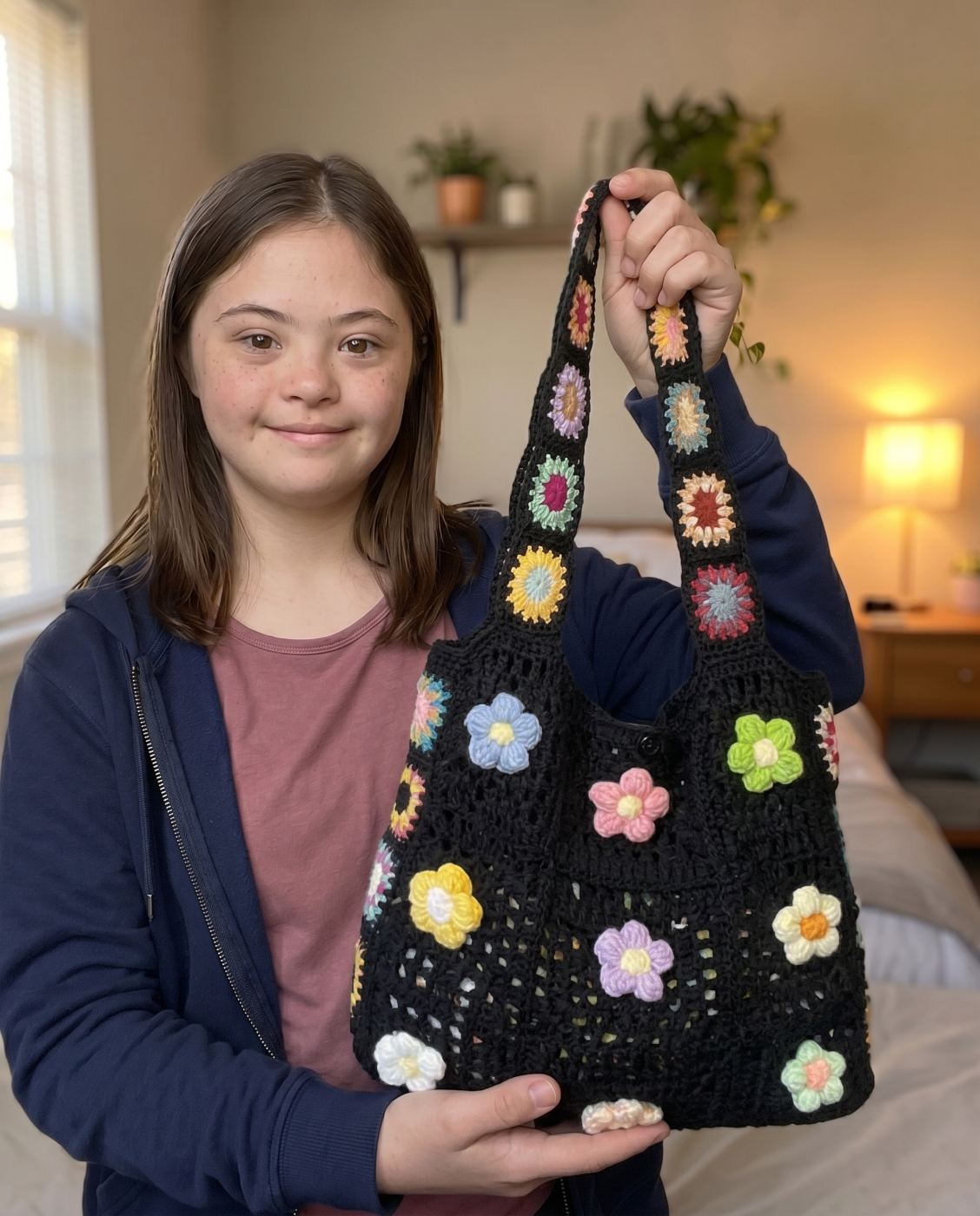 Noir black crochet flower tote bag with hand-sewn puff flowers